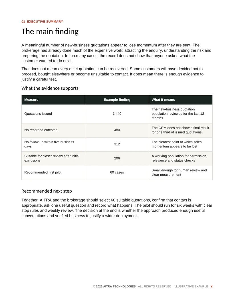 Executive Summary page from the illustrative Commercial Opportunity Report